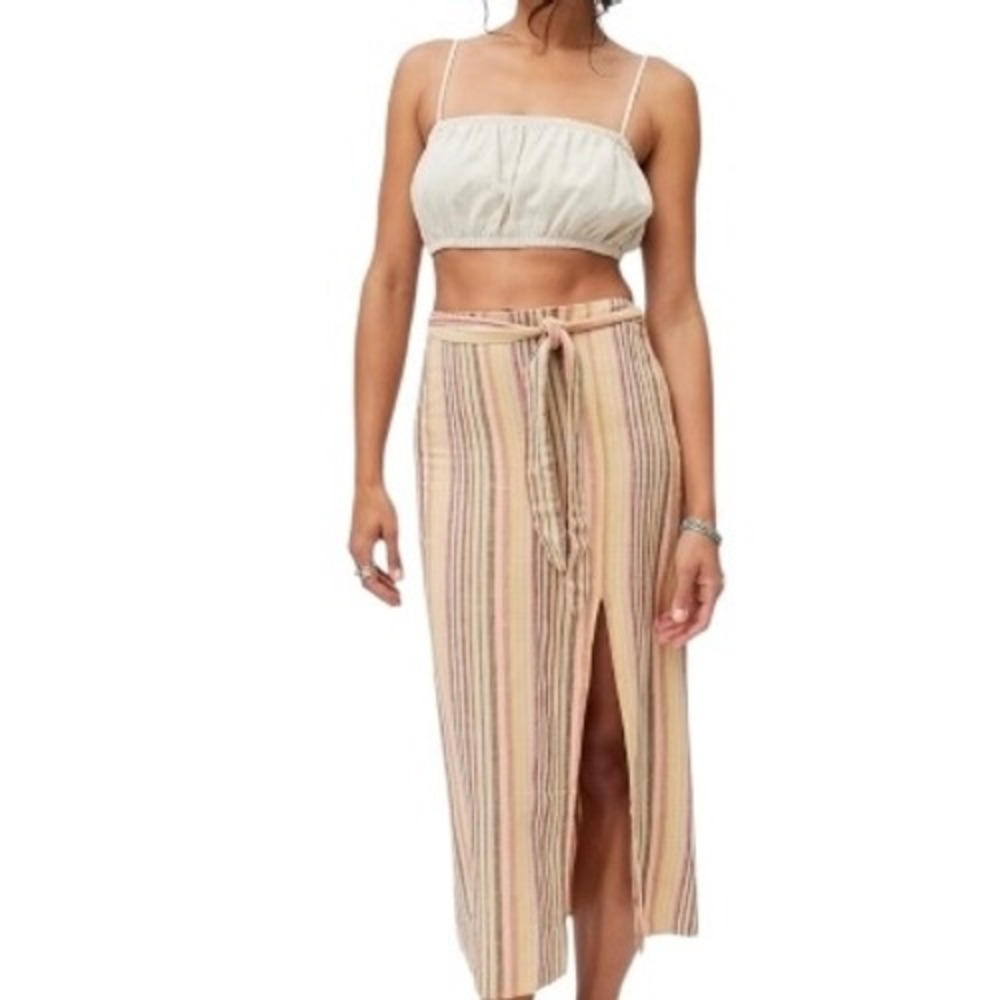 Urban Outfitters Linen Blend Striped Tie Waist Midi Skirt Slit Large